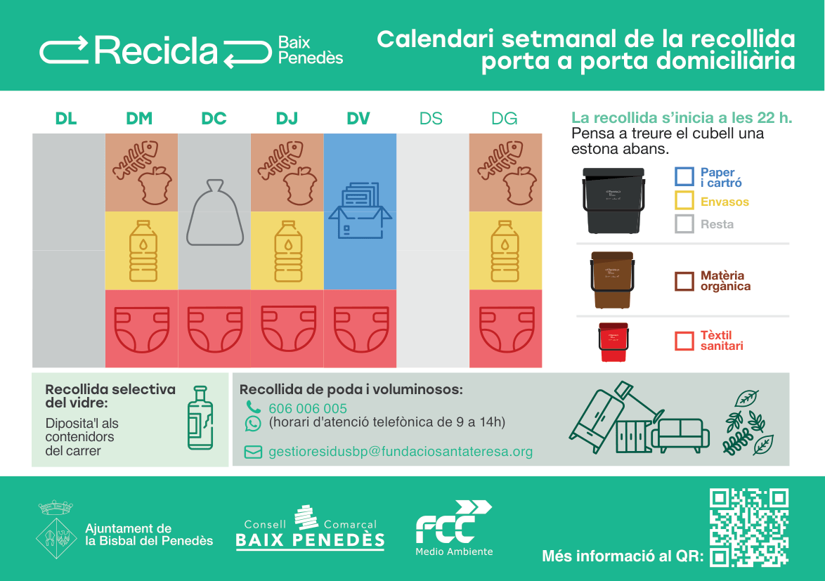 Calendari setmanal de recollida porta a porta domiciliària a la Bisbal del Penedès (Zona del nucli)