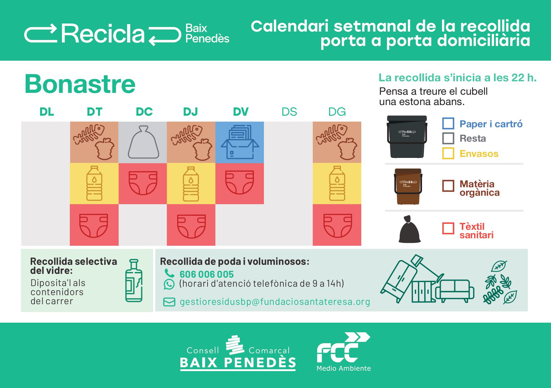 Calendari setamanal de la recollida porta a porta domiciliària | Bonastre